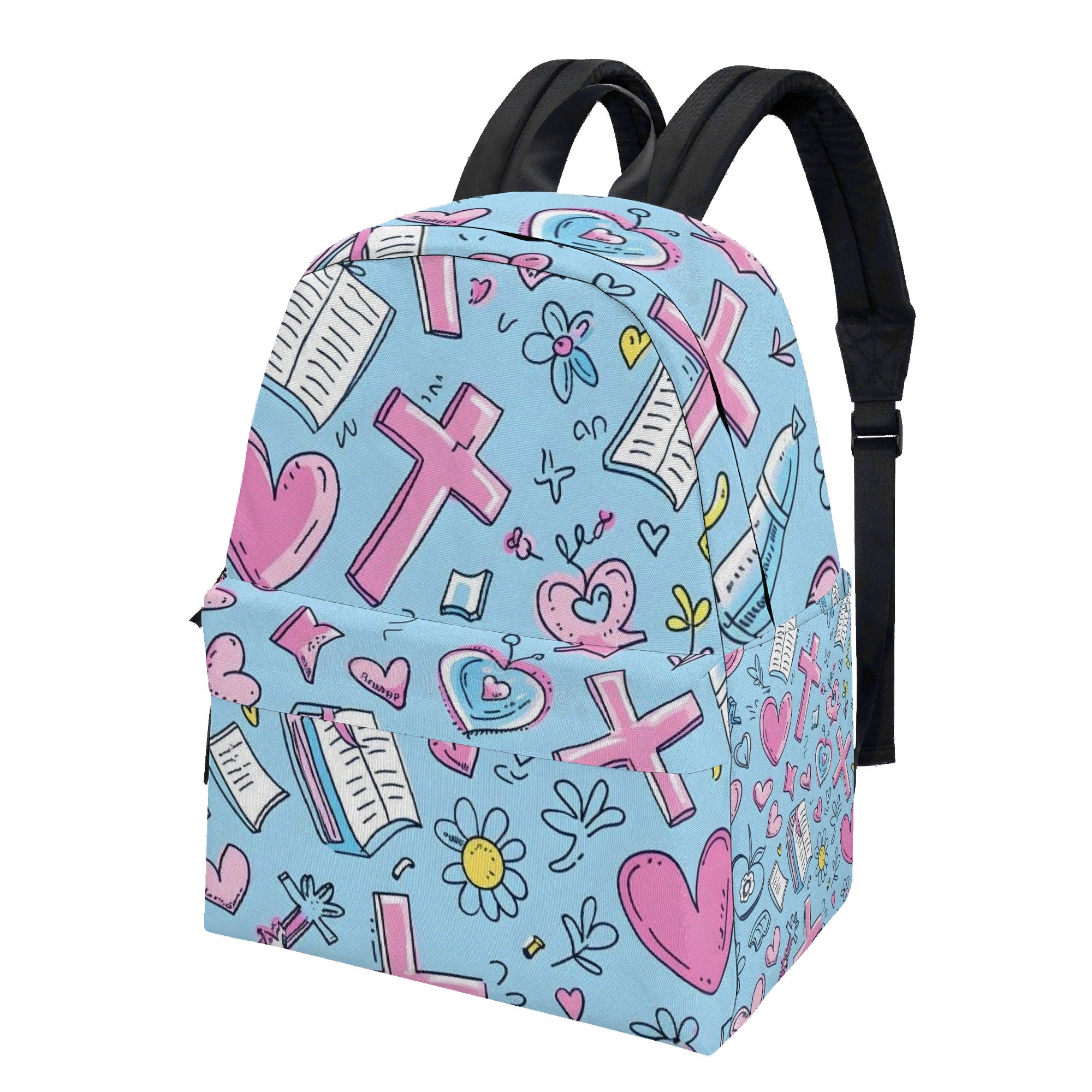 Christian Backpack For Girls, Faith Backpack With Crosses And Hearts, Religious School Bag For Women, Pastel Blue Inspirational Backpack PLAF58